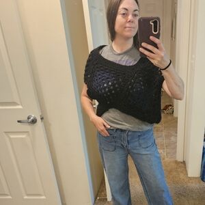 Handmade Italian Black & Blue Knit/ Crochet Asymmetrical Granny Shoulder Shrug